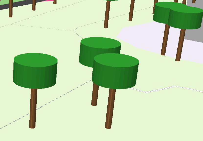 Es ist ein sehr nah reingezoomter Kartenausschnitt mit einfacher 3D-Darstellung von Bäumen dargestellt.