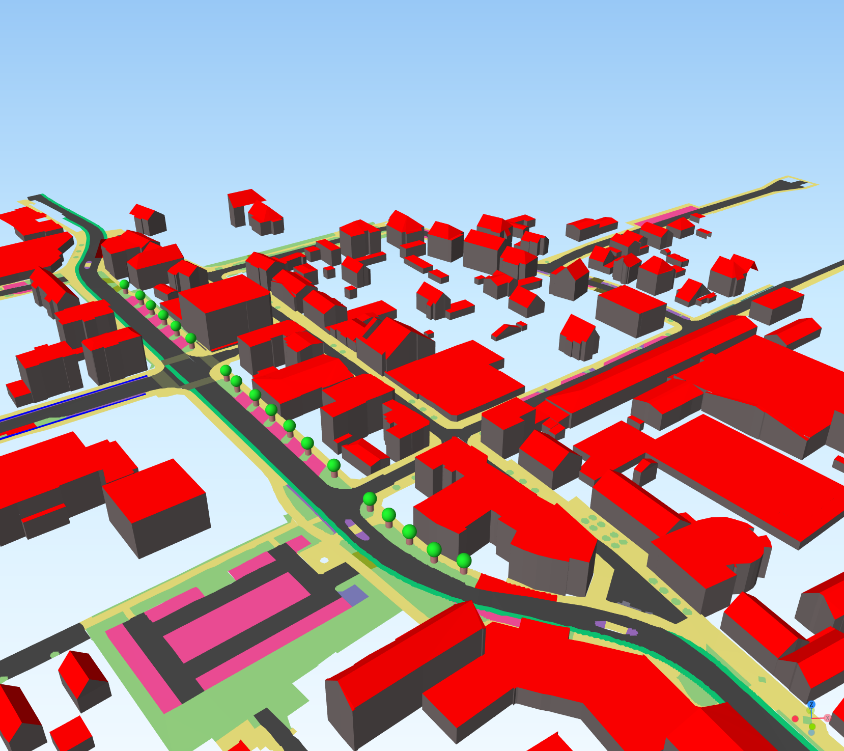 Zu sehen ist eine Visualisierung von Straßenzügen und Gebäuden. Die Gebäude haben graue Wände und rote Dächer, die Straßen sind bunt, entsprechend der Aufteilung des Straßenraums. Blick auf die Straße Brauner Berg in Kiel.