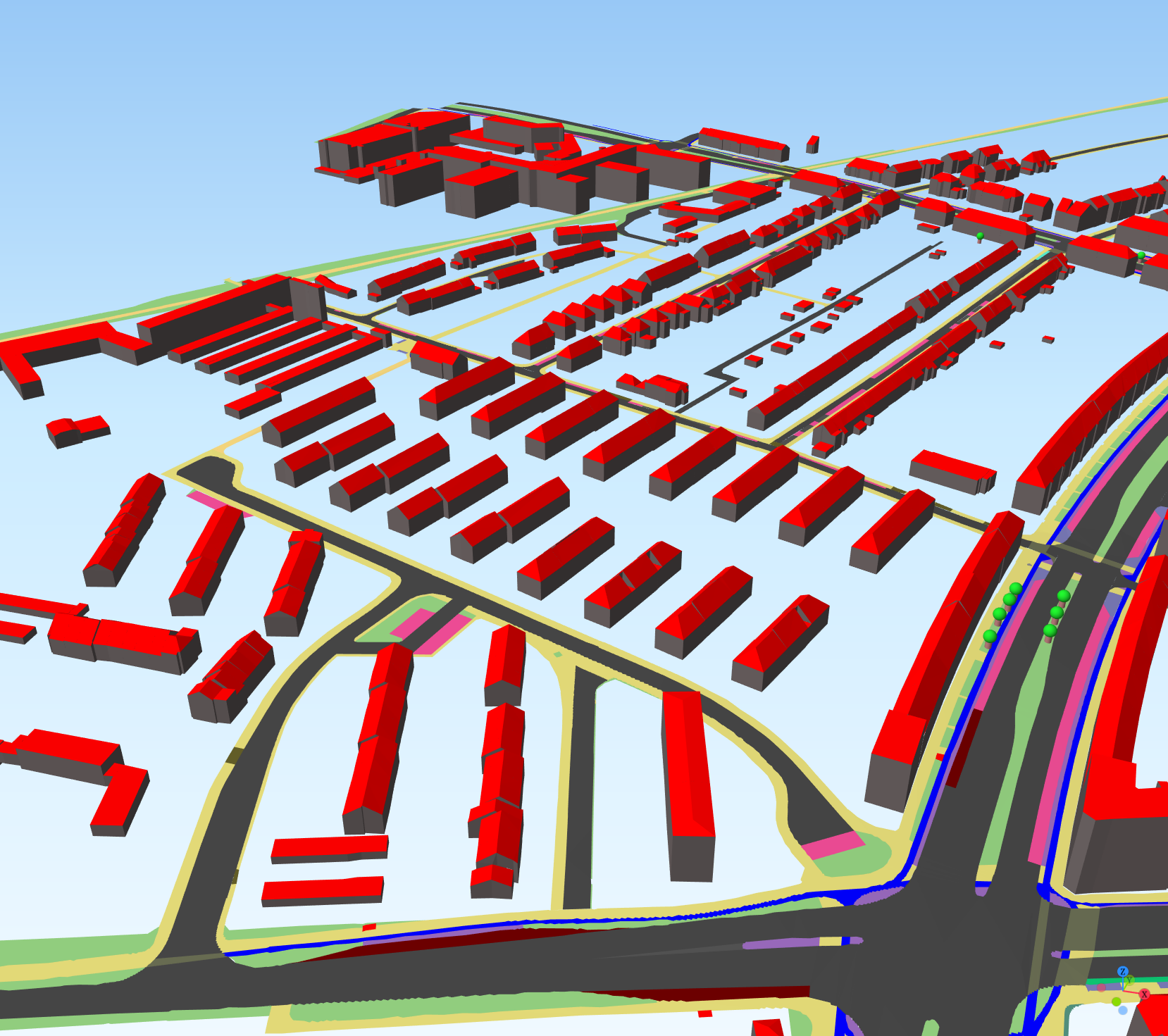 Zu sehen ist eine Visualisierung von Straßenzügen und Gebäuden. Die Gebäude haben graue Wände und rote Dächer, die Straßen sind bunt, entsprechend der Aufteilung des Straßenraums. Blick auf das Viertel zwischen Westring, Kronshagener Weg und Hasseldieksdammer Weg in Kiel.