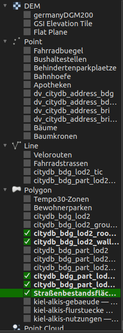 Zu sehen ist ein Screenshot der in QGIS2threejs auswählbaren Layer